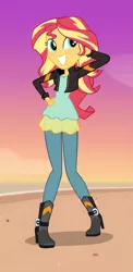 Size: 1441x2960 | Tagged: safe, artist:invisibleink, derpibooru import, sunset shimmer, equestria girls, forgotten friendship, friendship games, arm behind head, beach, blushing, boots, clothes, commission, cute, female, full body, jacket, shoes, smiling, solo, sunset