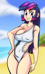 Size: 1225x2000 | Tagged: suggestive, artist:kevinsano, color edit, colorist:ironhades, derpibooru import, edit, twilight sparkle, human, beach, big breasts, breasts, busty twilight sparkle, cleavage, clothes, colored, curvy, erect nipples, female, human coloration, humanized, impossibly thin waist, looking at you, nipple outline, one-piece swimsuit, shark swimsuit, sketch, smiling, solo, solo female, sunglasses, swimsuit