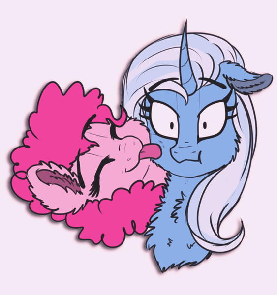 Size: 600x640 | Tagged: safe, artist:saphi-boo, derpibooru import, pinkie pie, trixie, cheek fluff, chest fluff, ear fluff, female, lesbian, licking, shipping, tongue out, trixiepie