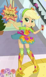 Size: 584x977 | Tagged: safe, artist:charliexe, derpibooru import, applejack, eqg summertime shorts, equestria girls, shake things up!, apron, boots, canterlot mall, clothes, cute, female, freckles, glass, hair net, hairband, jackabetes, schrödinger's pantsu, shoes, smiling, solo, zettai ryouiki