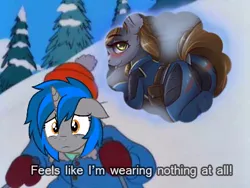 Size: 480x360 | Tagged: suggestive, artist:ardail, derpibooru import, edit, oc, oc:homage, oc:littlepip, pony, unicorn, fallout equestria, fanfic, blushing, clothes, fanfic art, female, floppy ears, hat, hooves, horn, image macro, mare, meme, nothing at all, plot, ponified meme, saddle bag, simpsons did it, skiing, skintight clothes, snow, stupid sexy flanders, stupid sexy littlepip, text, the simpsons, thought bubble, tongue out, tree, vault suit