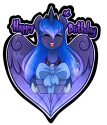 Size: 1500x1750 | Tagged: safe, artist:hiloumuns, derpibooru import, princess luna, alicorn, pony, cute, eyes closed, female, happy birthday, lunabetes, mare, open mouth, present, simple background, smiling, solo, white background