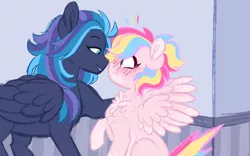 Size: 1024x640 | Tagged: safe, artist:azure-art-wave, derpibooru import, oc, oc:raincloud song, unofficial characters only, pegasus, pony, blushing, boop, chest fluff, female, lesbian, mare, noseboop, parent:rainbow dash