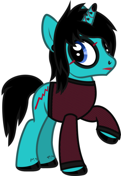 Size: 848x1238 | Tagged: safe, artist:lightningbolt, derpibooru import, ponified, pony, unicorn, .svg available, as it is, clothes, dyed mane, ear piercing, emo, eyeliner, eyeshadow, frown, gauges, hair over one eye, hoof polish, horn piercing, lipstick, looking back, makeup, male, nose piercing, painted horn, patty walters, piercing, raised hoof, shirt, simple background, solo, stallion, svg, tattoo, transparent background, vector