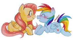 Size: 3371x1854 | Tagged: safe, artist:pilssken, derpibooru import, fluttershy, rainbow dash, pegasus, pony, blushing, eye contact, female, flutterdash, folded wings, lesbian, looking at each other, mare, profile, prone, shipping, simple background, smiling, traditional art, transparent background
