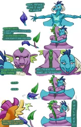 Size: 2893x4547 | Tagged: armpits, artist:valo-son, blushing, comic, derpibooru import, dragon, dragoness, emberspike, female, hug, male, princess ember, safe, shipping, simple background, smiling, smolder, spike, straight, trio, white background, winged spike