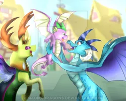 Size: 400x320 | Tagged: artist:magiksdragons, changedling, changeling, derpibooru import, dragon, dragoness, excited, female, happy, joy, king thorax, obtrusive watermark, overjoyed, princess ember, safe, spike, spikelove, thorax, watermark, winged spike