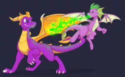 Size: 8138x5006 | Tagged: absurd resolution, artist:avaroncave, crossover, derpibooru import, dragon, fire, fire breath, flying, male, safe, simple background, spike, spyro the dragon, the legend of spyro, winged spike