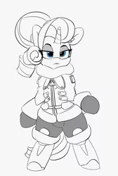 Size: 1280x1901 | Tagged: safe, artist:pabbley, derpibooru import, rarity, semi-anthro, unicorn, 30 minute art challenge, clothes, fabulous, female, mare, monster hunter, monster hunter world, partial color, standing