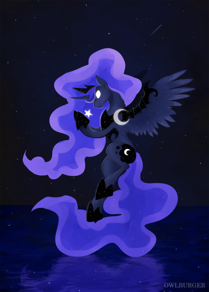 Size: 1010x1408 | Tagged: safe, artist:supremeowl, derpibooru import, princess luna, alicorn, pony, comet, female, glowing eyes, hoof shoes, mare, solo, stars