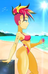 Size: 2337x3583 | Tagged: suggestive, artist:swagalicious-tony, derpibooru import, sunset shimmer, bird, equestria girls, alternate hairstyle, anatomically incorrect, beach, breasts, clothes, fauxhawk, female, glass, juice, ocean, punk, sand, side view, solo, solo female, swimsuit, tattoo