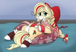 Size: 1024x703 | Tagged: safe, artist:cadetredshirt, derpibooru import, oc, oc:hollie, unofficial characters only, earth pony, pony, alternate hairstyle, bow, braid, christmas, clothes, cute, drinking straw, floating, green eyes, hair bow, happy, heart eyes, highlights, holiday, scarf, smiling, socks, solo, stockings, summer, thigh highs, this is fine, tube, water, wet mane, wingding eyes, yellow mane