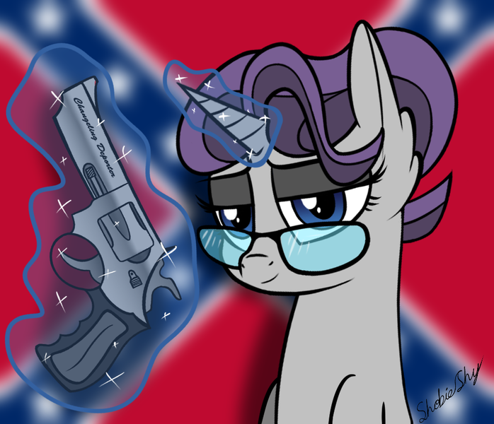 Size: 969x833 | Tagged: safe, artist:shobieshy, derpibooru import, oc, oc:hot lead, unofficial characters only, pony, unicorn, bedroom eyes, confederate flag, ear fluff, female, glasses, glowing horn, gun, handgun, horn, levitation, looking at you, magic, mare, revolver, smiling, solo, telekinesis, weapon