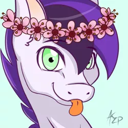 Size: 800x800 | Tagged: safe, artist:zombies-pudding, derpibooru import, oc, oc:plum bloom, unofficial characters only, pony, animated, floral head wreath, flower, male, simple background, solo, stallion, tongue out