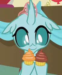 Size: 589x715 | Tagged: changedling, changeling, cropped, cupcake, cute, derpibooru import, diaocelles, food, holding, marks for effort, ocellus, safe, screencap, smiling, solo