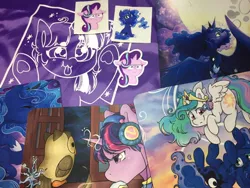 Size: 1200x900 | Tagged: safe, artist:midnightpremiere, derpibooru import, owlowiscious, princess celestia, princess luna, starlight glimmer, tree of harmony, twilight sparkle, floppy ears, headphones, i mean i see, irl, lo fi, moon, mousepad, photo, physical merchandise, sticker, tongue out