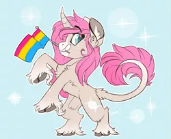 Size: 1321x1080 | Tagged: safe, anonymous artist, derpibooru import, oc, oc:tarot, unofficial characters only, classical unicorn, pony, unicorn, blue eyes, chest fluff, cloven hooves, curved horn, cute, ear piercing, earring, female, flag, floppy ears, fluffy, freckles, jewelry, leonine tail, lgbt, long mane, mare, palomino, pansexual, pansexual pride flag, piercing, pink mane, pride, pride flag, pride month, simple background, solo, unshorn fetlocks