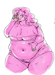 Size: 1512x2068 | Tagged: artist:bimbo sparkles, belly, bellyring, big breasts, breasts, busty pinkie pie, clothes, derpibooru import, fat, fat boobs, human, humanized, licking, licking fingers, obese, piggy pie, pinkie pie, pudgy pie, shaded sketch, shorts, suggestive, thunder thighs, underboob