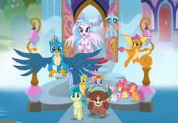 Size: 1021x705 | Tagged: safe, derpibooru import, screencap, apple bloom, gallus, ocellus, sandbar, scootaloo, silverstream, smolder, sweetie belle, yona, changedling, changeling, classical hippogriff, dragon, earth pony, gryphon, hippogriff, pegasus, pony, unicorn, yak, marks for effort, bow, cloven hooves, cute, cutie mark crusaders, diaocelles, diastreamies, dragoness, female, flying, gallabetes, hair bow, jewelry, looking at you, male, monkey swings, necklace, sandabetes, school of friendship, smolderbetes, student six, teenager, yonadorable