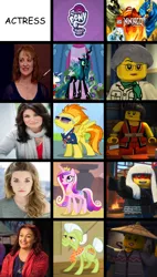 Size: 430x756 | Tagged: actress, britt mckillip, comparisons, derpibooru import, exploitable meme, granny smith, harumi, kathleen barr, lego, lego ninjago masters of spinjitsu, meme, misako garmadon, mistake, my little pony, my little pony logo, nicole oliver, ninjago, nya smith, princess cadance, queen chrysalis, safe, same voice actor, spitfire, tabitha st. germain, voice actor