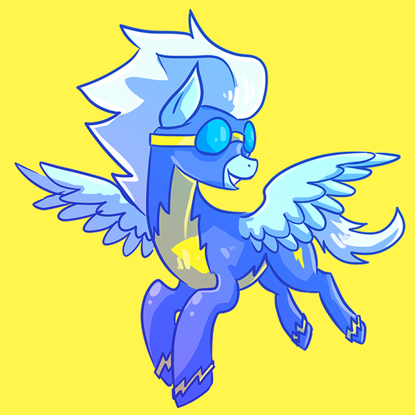 Size: 693x693 | Tagged: safe, artist:supremeowl, derpibooru import, fleetfoot, pegasus, pony, clothes, female, flying, goggles, looking back, mare, simple background, solo, uniform, wonderbolts uniform, yellow background