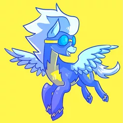 Size: 693x693 | Tagged: safe, artist:supremeowl, derpibooru import, fleetfoot, pegasus, pony, clothes, female, flying, goggles, looking back, mare, simple background, solo, uniform, wonderbolts uniform, yellow background