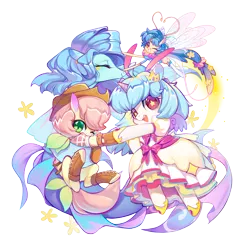 Size: 3543x3543 | Tagged: safe, artist:ciciya, derpibooru import, oc, unofficial characters only, bat pony, breezie, pony, sea pony, antennae, breezie oc, chest fluff, clothes, cowboy hat, cute, dress, ear piercing, earring, eyes closed, female, hat, headband, high res, horseshoes, hug, jewelry, kneesocks, leather gloves, looking at you, mare, one eye closed, piercing, sea pony oc, simple background, slit eyes, smiling, socks, starry eyes, transparent background, wingding eyes
