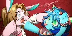 Size: 1182x591 | Tagged: safe, artist:ciciya, derpibooru import, oc, unofficial characters only, :p, abstract background, bracelet, clothes, costume, cute, duo, face shove, female, glasses, jewelry, looking at each other, male, mare, shoving, silly face, smiling, stallion, tongue out