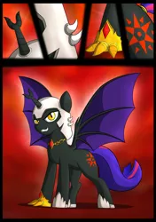 Size: 3024x4299 | Tagged: safe, artist:theravencriss, derpibooru import, oc, oc:fallenlight, unofficial characters only, alicorn, bat pony, bat pony alicorn, comic:curse and madness, armor, bat wings, clothes, comic, cutie mark, female, forked horn, gauntlet, helmet, jewelry, mare, membranous wings, mlpcam, necklace, oc villain, red and black oc, shoes, solo, solo focus