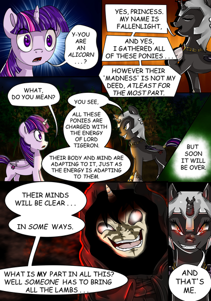 Size: 3024x4299 | Tagged: semi-grimdark, artist:candyclumsy, derpibooru import, twilight sparkle, twilight sparkle (alicorn), oc, oc:fallenlight, alicorn, pony, unicorn, comic:curse and madness, cloak, clothes, comic, crazy eyes, crazy face, creepy, creepy grin, cultist, dark, faic, forest, glowing eyes, grin, helmet, hooded cape, insanity, jewelry, mlpcam, necklace, night, scrunchy face, smiling