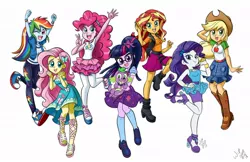 Size: 1200x779 | Tagged: safe, artist:chibi-jen-hen, derpibooru import, applejack, fluttershy, pinkie pie, rainbow dash, rarity, sci-twi, spike, spike the regular dog, sunset shimmer, twilight sparkle, dog, human, equestria girls, equestria girls series, boots, clothes, converse, cowboy hat, cute, dashabetes, denim skirt, diapinkes, dress, feet, female, freckles, geode of empathy, geode of fauna, geode of shielding, geode of sugar bombs, geode of super speed, geode of super strength, geode of telekinesis, glasses, hairpin, hat, high heel boots, high heels, humane five, humane seven, humane six, jackabetes, jacket, looking at you, magical geodes, pantyhose, paws, ponytail, raribetes, sandals, shimmerbetes, shoes, shyabetes, skirt, smiling, sneakers, socks, spike's dog collar, stetson, twiabetes