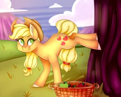 Size: 2000x1600 | Tagged: safe, artist:fawnzi, derpibooru import, applejack, earth pony, pony, apple, apple tree, applebucking, basket, cowboy hat, female, food, freckles, fruit, green apple, hat, scenery, signature, solo, stetson, tree