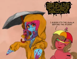 Size: 1046x800 | Tagged: safe, artist:hewison, derpibooru import, oc, oc:cteno, oc:pun, unofficial characters only, earth pony, pony, ask pun, ask, female, hat, mare, pun, raincoat, umbrella, umbrella hat