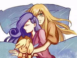 Size: 800x600 | Tagged: safe, artist:dez, derpibooru import, applejack, rarity, human, bed, blanket, cuddling, cute, female, humanized, lesbian, pillow, plushie, rarijack, shipping, sleeping