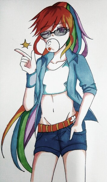 Size: 756x1280 | Tagged: artist:dez, belly button, bubblegum, clothes, derpibooru import, food, gum, human, humanized, jacket, looking at you, midriff, one eye closed, rainbow dash, safe, shorts, solo, traditional art, wink