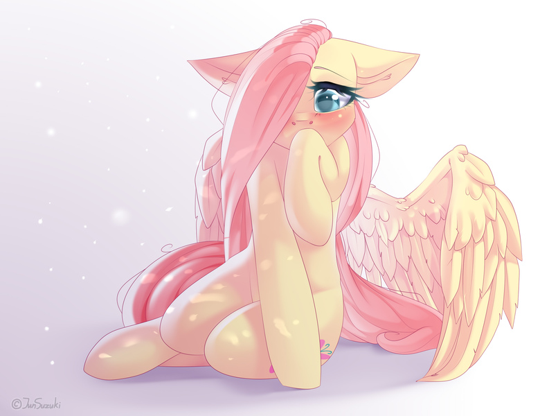 Size: 2600x2000 | Tagged: safe, artist:jun1313, derpibooru import, fluttershy, pegasus, pony, blushing, cute, female, mare, shyabetes, solo