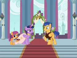 Size: 1024x768 | Tagged: safe, artist:turnaboutart, derpibooru import, flash sentry, scootaloo, twilight sparkle, twilight sparkle (alicorn), alicorn, alternate hairstyle, base used, bowtie, clothes, dress, female, flashlight, male, marriage, mother and son, requested art, rule 63, scooteroll, shipping, straight, tuxedo, wedding, wedding dress