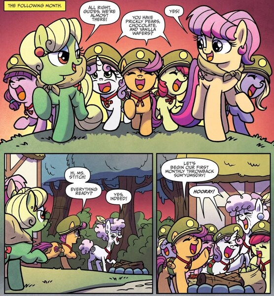 Size: 1113x1201 | Tagged: safe, artist:agnesgarbowska, derpibooru import, idw, apple bloom, aunt holiday, auntie lofty, lily longsocks, pearly stitch, scootaloo, sweetie belle, earth pony, pegasus, pony, unicorn, ponyville mysteries, spoiler:comic, spoiler:comicponyvillemysteries3, alternate design, comic, cutie mark crusaders, elderly, female, filly, mare, official comic