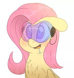 Size: 2000x2100 | Tagged: safe, artist:fluffyxai, derpibooru import, fluttershy, pegasus, pony, bust, chest fluff, dazed, drool, fetish, fluffy, hypnogear, hypnoshy, hypnosis, hypnotized, kaa eyes, open mouth, simple background, smiling, solo, tech control, visor