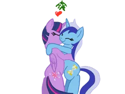 Size: 1024x768 | Tagged: safe, artist:turnaboutart, derpibooru import, minuette, twilight sparkle, twilight sparkle (alicorn), alicorn, unicorn, base used, eyes closed, female, heart, kissing, lesbian, mistletoe, shipping, simple background, transparent background, twinuette