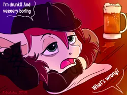 Size: 1800x1350 | Tagged: suggestive, artist:zobaloba, derpibooru import, oc, oc:appleale, unofficial characters only, earth pony, pony, fallout equestria, bar, boots, cider, cider mug, drinking, drunk, female, hat, mare, mug, sad, shoes, solo, speech bubble, tankard, two toned mane