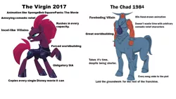 Size: 1280x720 | Tagged: safe, derpibooru import, tempest shadow, unicorn, my little pony: the movie, rescue at midnight castle, angry, chad, comparison, downvote bait, exploitable meme, g1, meme, op is butthurt, op is wrong, sia (singer), simple background, tirek (g1), virgin, virgin walk, white background