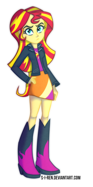 Size: 500x1000 | Tagged: safe, artist:s-i-ren, derpibooru import, sunset shimmer, equestria girls, boots, clothes, female, high heel boots, jacket, leather jacket, shoes, simple background, skirt, solo, transparent background