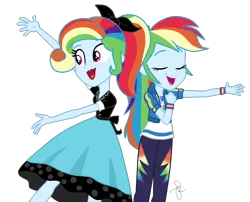 Size: 1050x850 | Tagged: safe, artist:ilaria122, derpibooru import, edit, vector edit, rainbow dash, equestria girls, equestria girls series, rollercoaster of friendship, so much more to me, 1950s, 50's fashion, alternate hairstyle, clothes, confrontation, cute, dashabetes, dress, duality, eyes closed, geode of super speed, lipstick, magical geodes, multicolored hair, open mouth, pants, ponytail, poodle skirt, rainbow dash always dresses in style, self paradox, shirt, simple background, singing, skirt, smiling, sockhop, sweatshirt, t-shirt, transparent background, vector, wristband