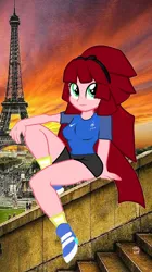 Size: 628x1124 | Tagged: safe, artist:aboimages03, derpibooru import, oc, oc:agripina, unofficial characters only, equestria girls, clothes, eiffel tower, shirt, shorts, smiling, solo