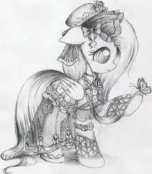 Size: 1395x1590 | Tagged: safe, artist:nika191319, derpibooru import, fluttershy, butterfly, pegasus, pony, clothes, cute, detailed, dress, female, folded wings, hat, holding, looking at something, mare, monochrome, profile, raised hoof, shyabetes, simple background, sketch, smiling, traditional art, white background