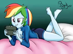 Size: 1200x895 | Tagged: suggestive, artist:bandijones, derpibooru import, rainbow dash, equestria girls, 3ds, ass, barefoot, breasts, busty rainbow dash, cleavage, clothes, commission, feet, female, gamerdash, lip bite, nintendo, sexy, solo, solo female, sports shorts, stupid sexy rainbow dash