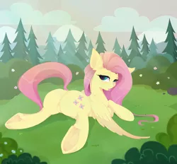 Size: 3300x3057 | Tagged: suggestive, artist:xsatanielx, derpibooru import, fluttershy, pegasus, pony, featureless crotch, female, flower, flutterbutt, forest, glade, looking at you, looking back, mare, prone, raised tail, rcf community, rock, solo, solo female, sploot, tail, tongue out, tree, underhoof