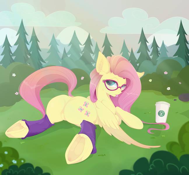 Size: 3300x3057 | Tagged: suggestive, artist:xsatanielx, derpibooru import, fluttershy, pegasus, pony, coffee, featureless crotch, female, flower, flutterbutt, forest, glade, glasses, hipstershy, leg warmers, looking at you, looking back, mare, prone, raised tail, rcf community, rock, solo, solo female, sploot, starbucks, tail, tongue out, tree, underhoof