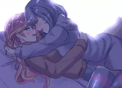 Size: 1500x1086 | Tagged: suggestive, artist:saggitary, derpibooru import, sunset shimmer, twilight sparkle, human, equestria girls, alternate costumes, bed, blue hair, blushing, clothes, female, hug, humanized, imminent kissing, indoors, lesbian, light skin, long hair, looking at each other, multicolored hair, open mouth, pink hair, purple hair, red hair, shipping, smiling, stockings, sunsetsparkle, thigh highs, yellow hair